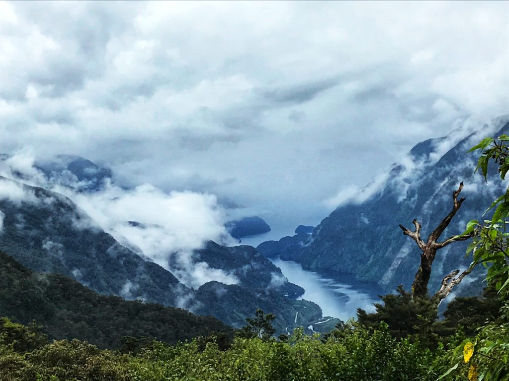 View from the mountains down to the sound on the way to our overnight cruise of Doubtful Sound