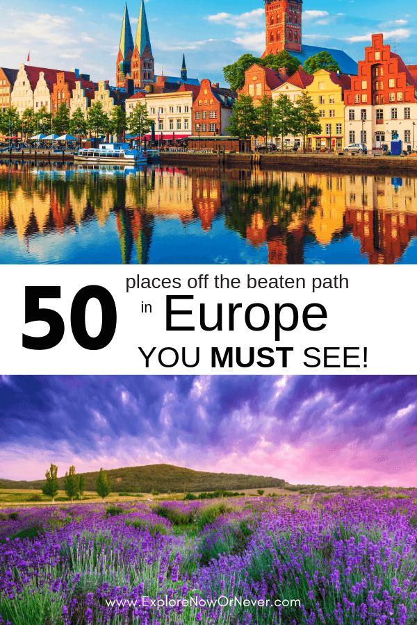text overlay on travel photo of cityscape and lavender field for Europe bucket list