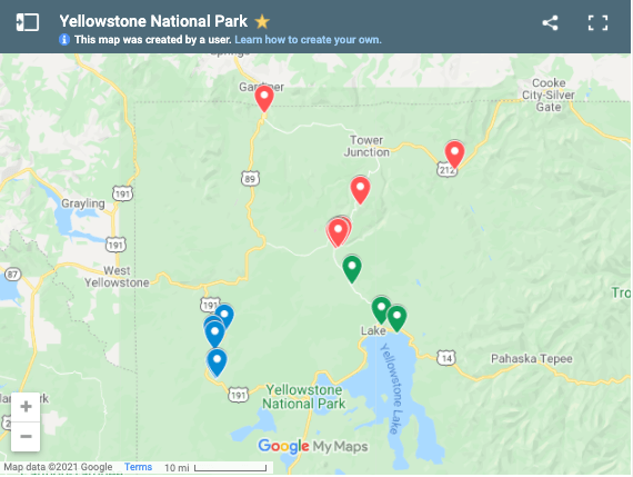 google map of Yellowstone points of interest