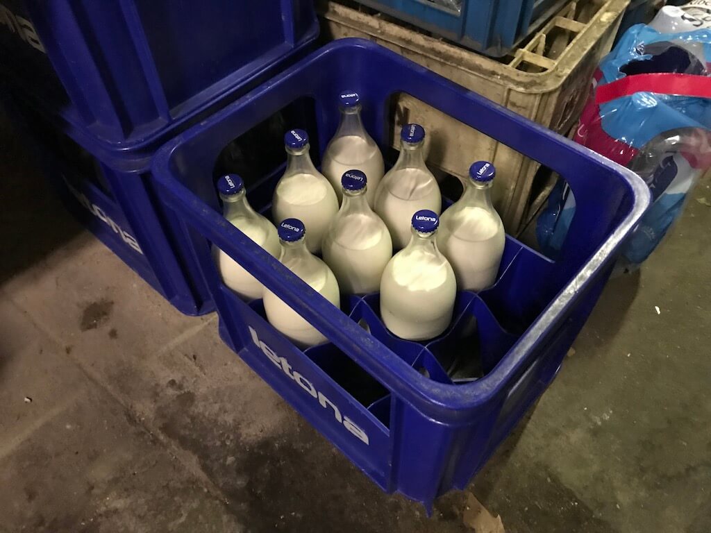 milk in glass jugs