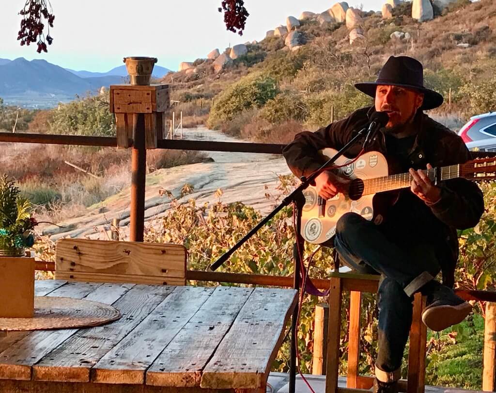 guitarist playing with a view of Valle de Guadlupe behind him