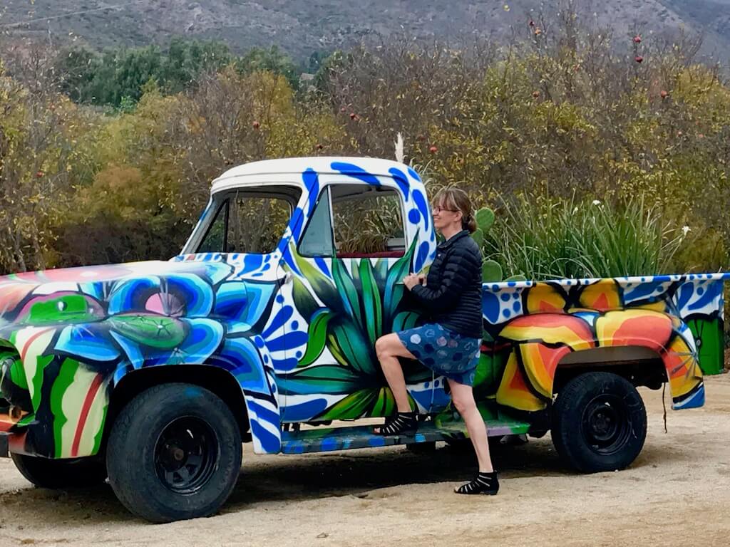 woman standing next to a colorfully painted truck