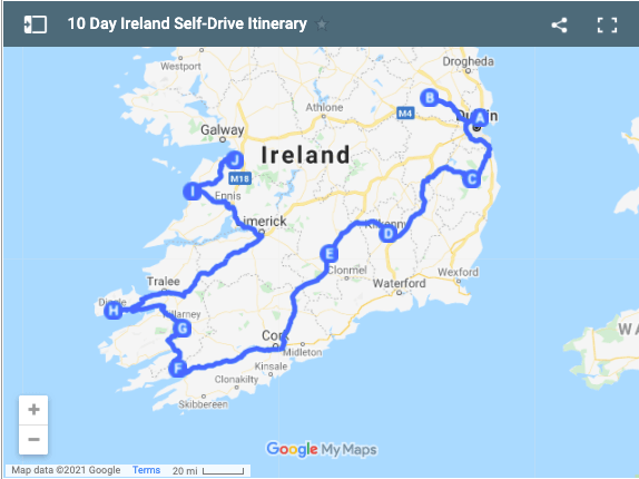 Image of Google map itinerary for 10 days in Ireland