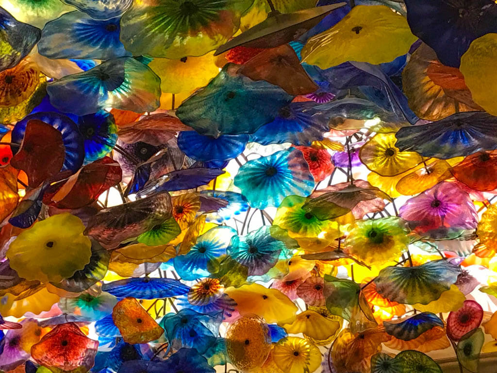 colorful glass flowers in a hotel lobby