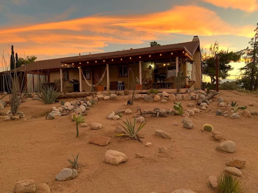 ranch house at sunset