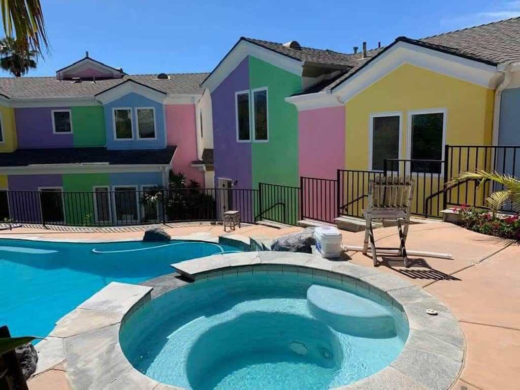 colorful houses by a pool