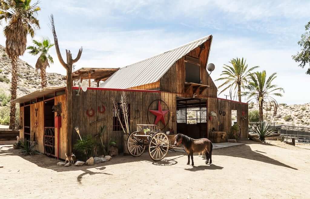 barn with horse out front