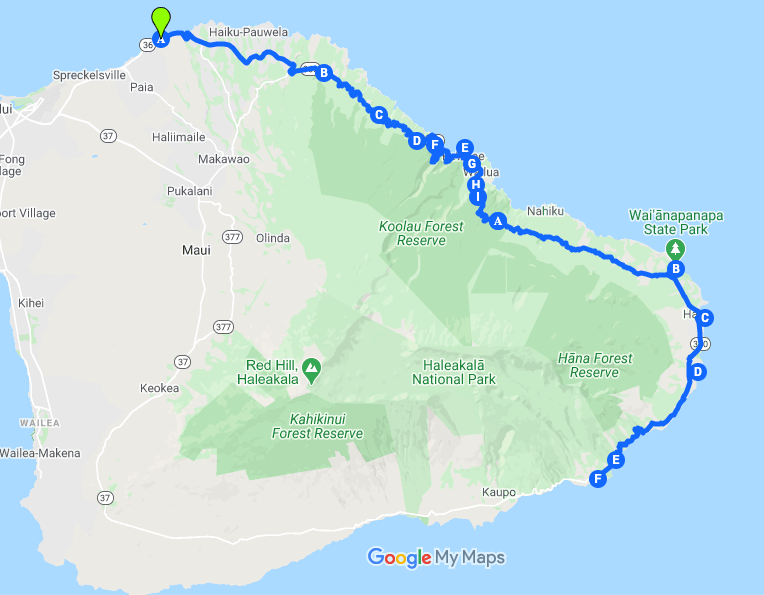 Google map of points of interest on Road to Hana