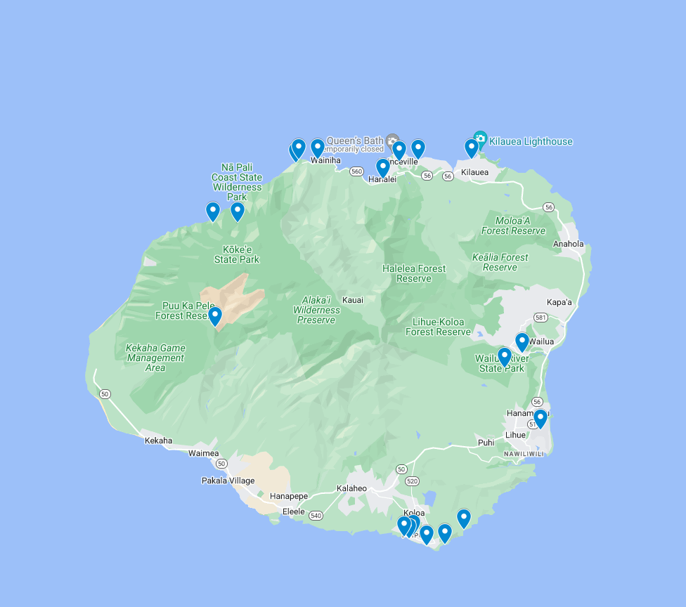 Google map image of Kauai island