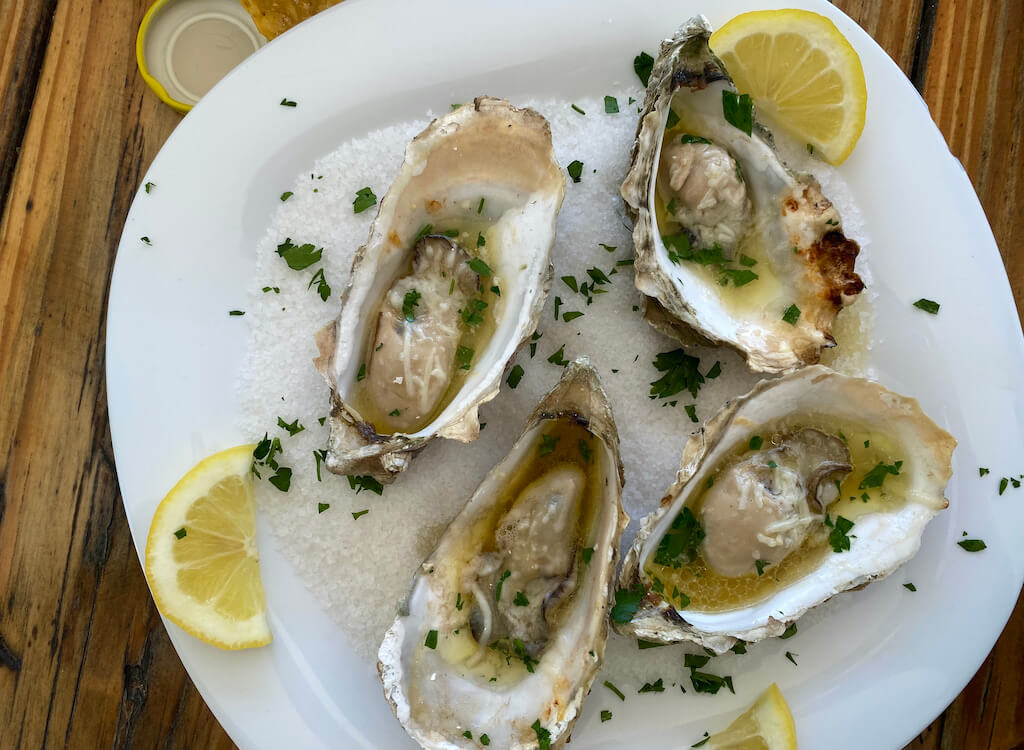 oysters on a plate with lemon