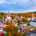 church steeples and bright red foliage in Burlington