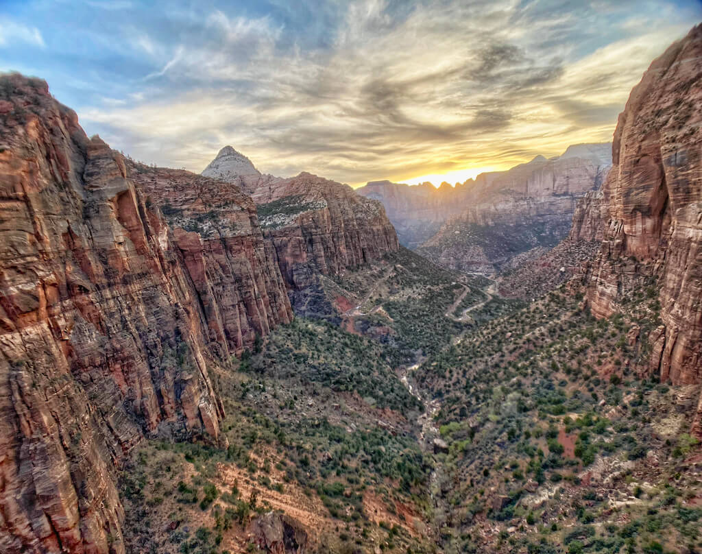 Sunset overlook into valley of Zion National Park