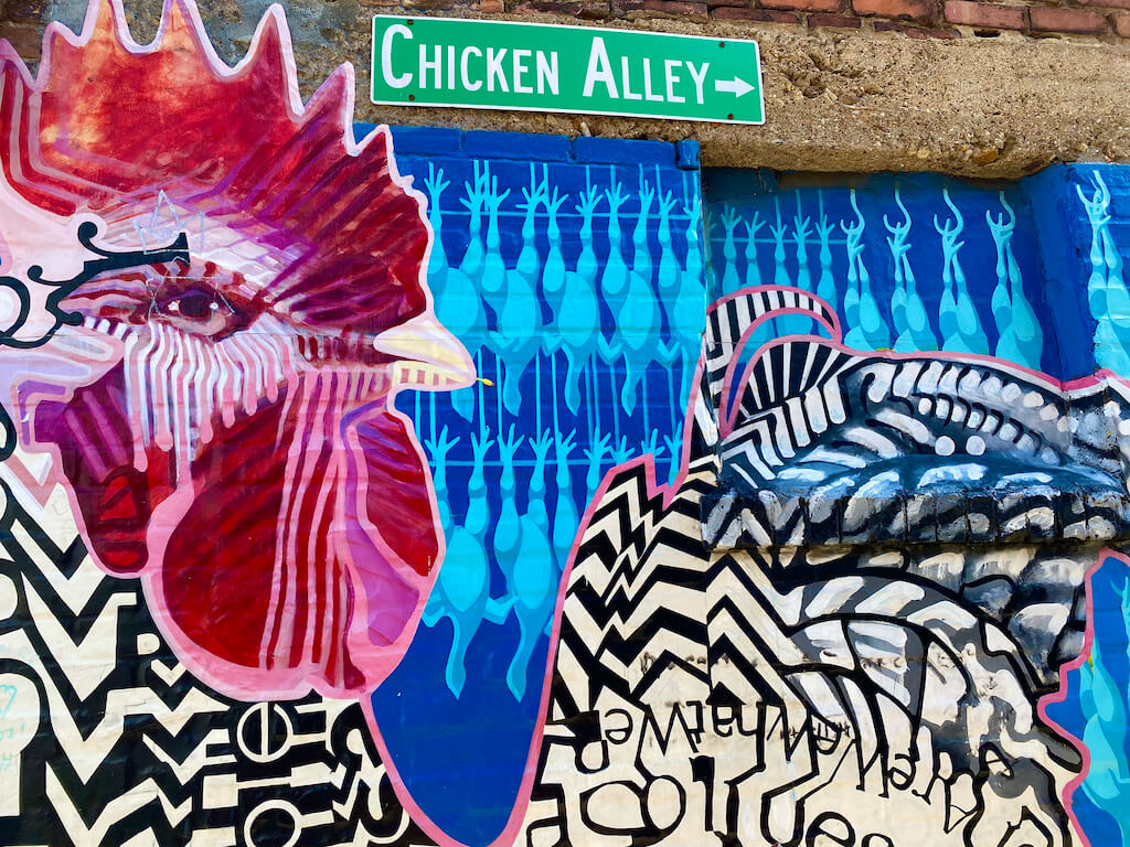 colorful chicken mural in Chicken Alley