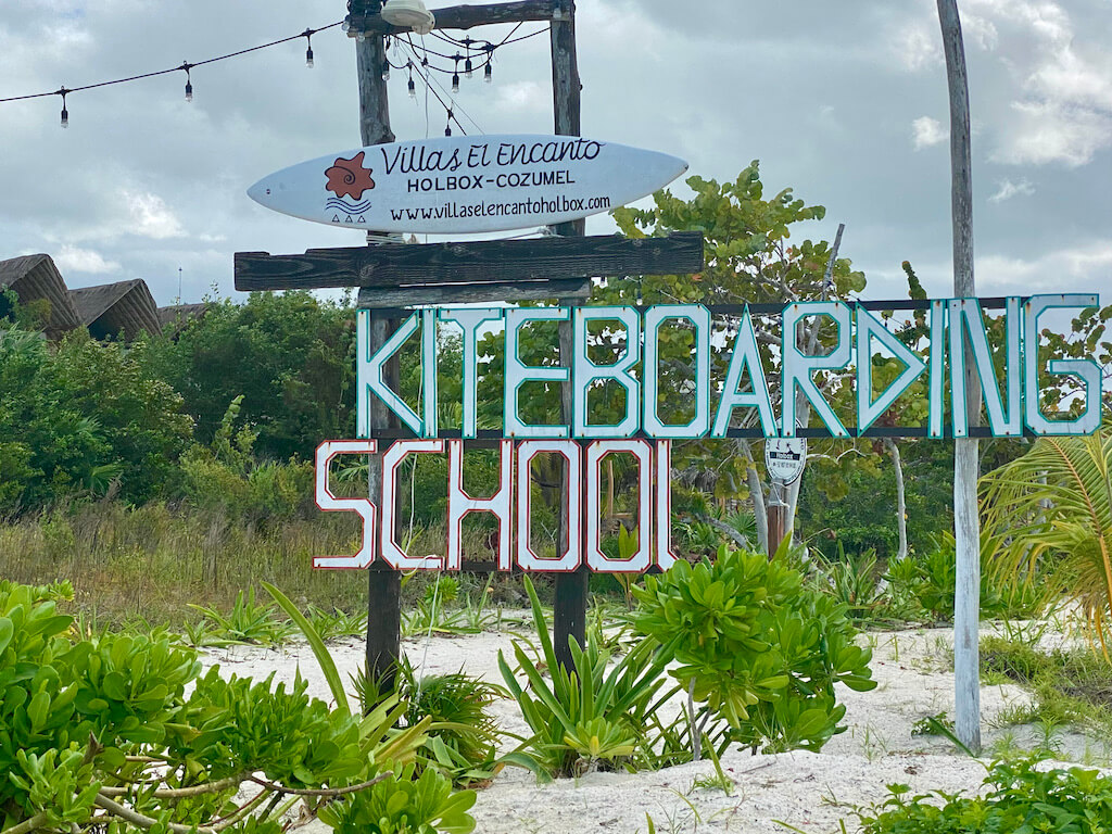 Kiteboard school sign on the beach in Holbox