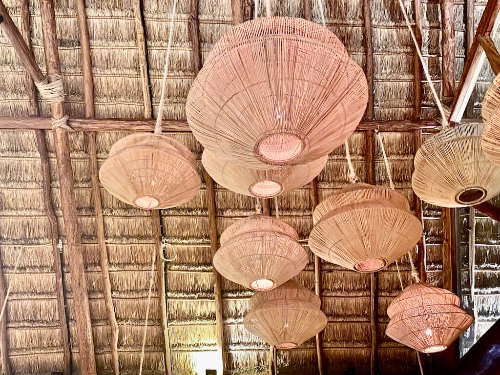 beautiful wicker lanterns hanging from a palapa ceiling in a restauarant