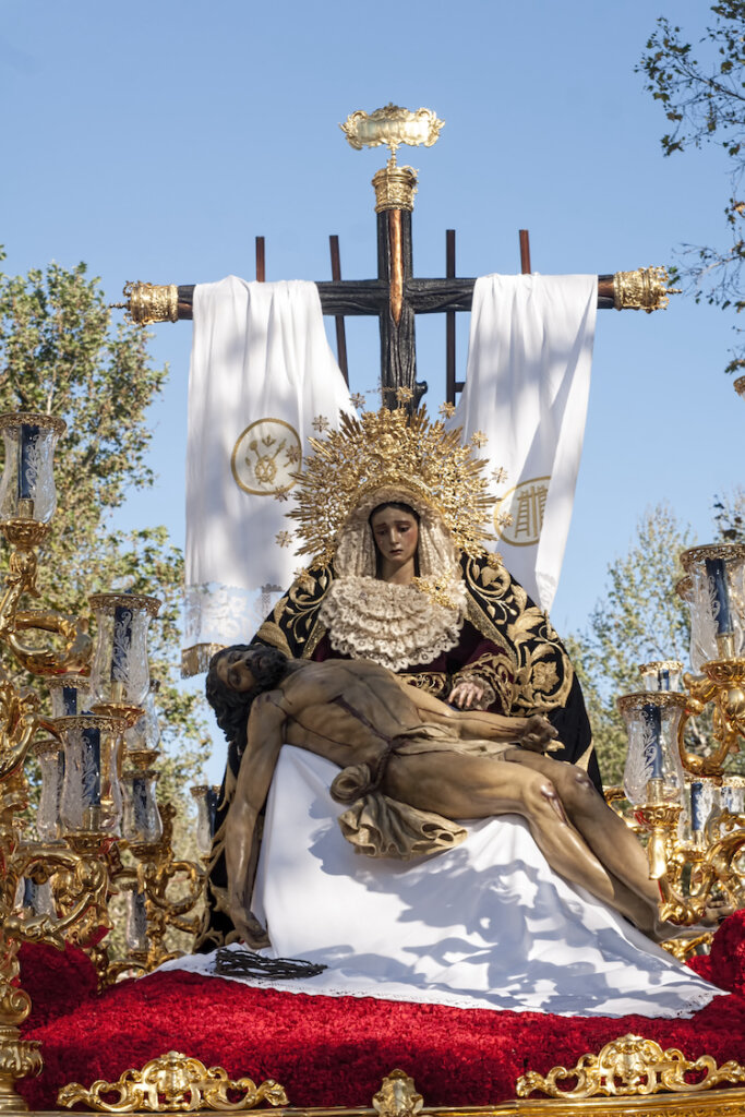 ornate parade entry of Virgin mary with Jesus on her lap