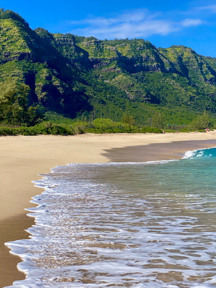 ocean washing on golden sandy beach with green cliffs in background