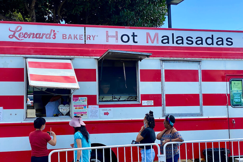 red and white striped malasada food truck