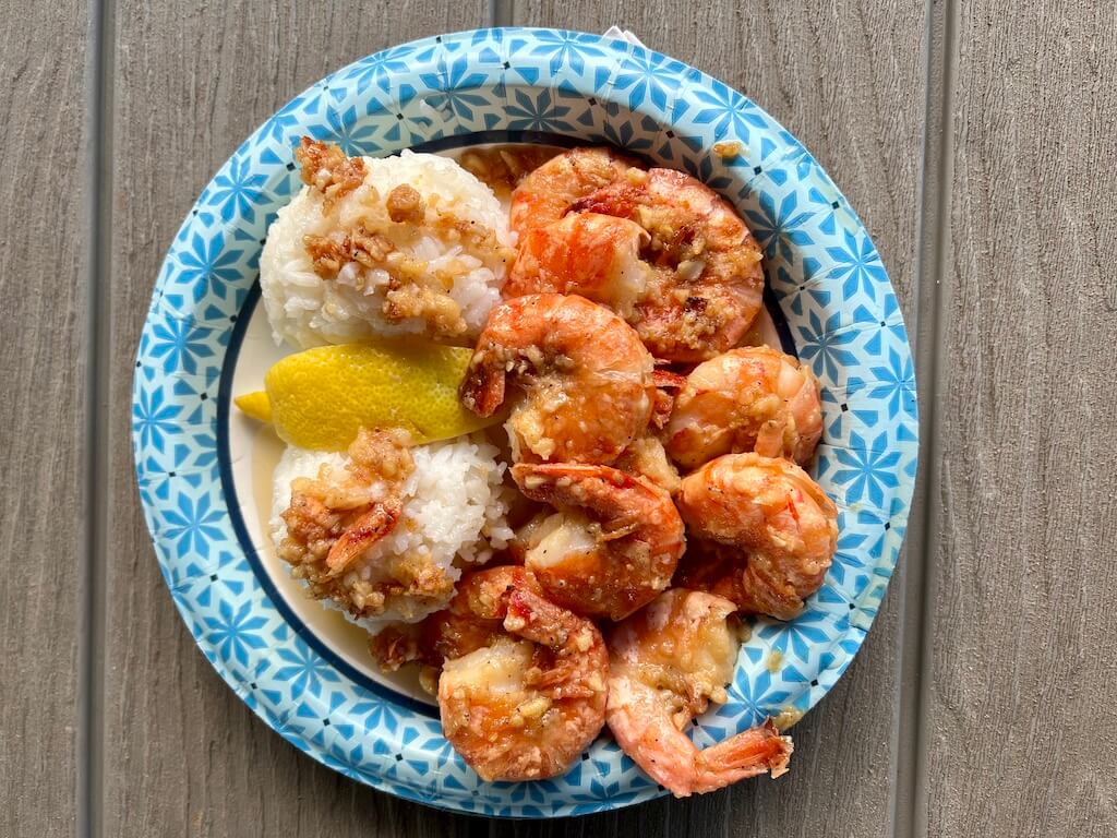 Plate of garlic shrimp and rice