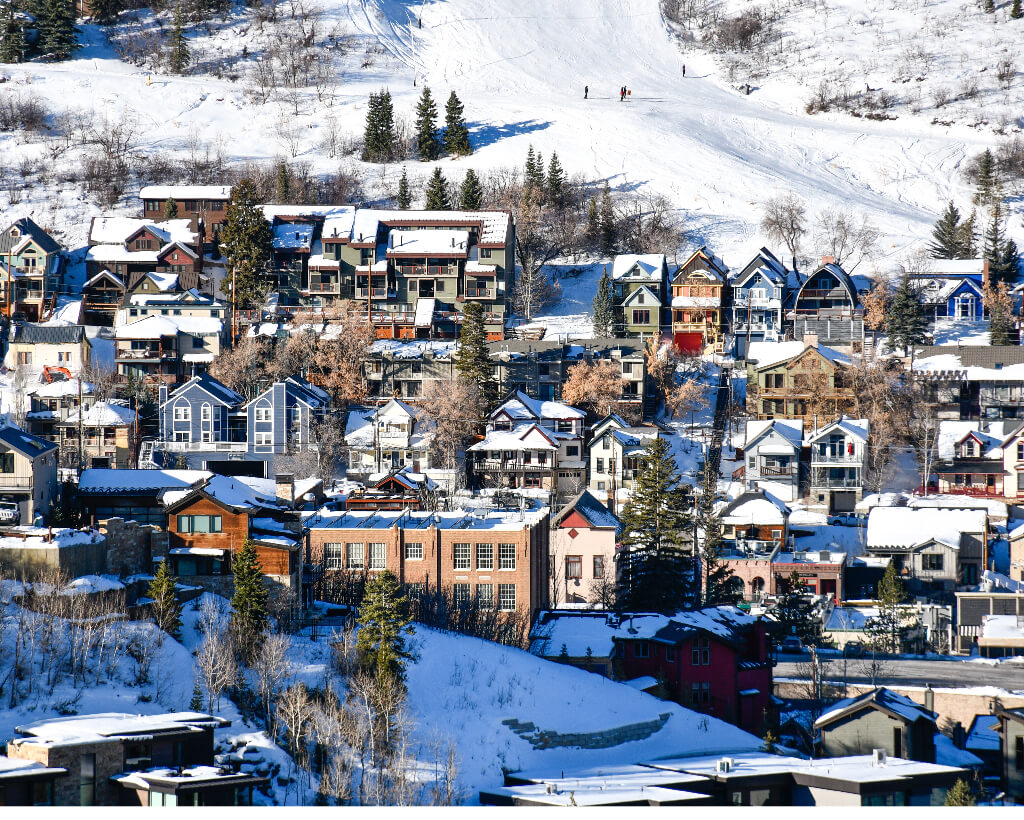 Aerial view of snowy Park City in December