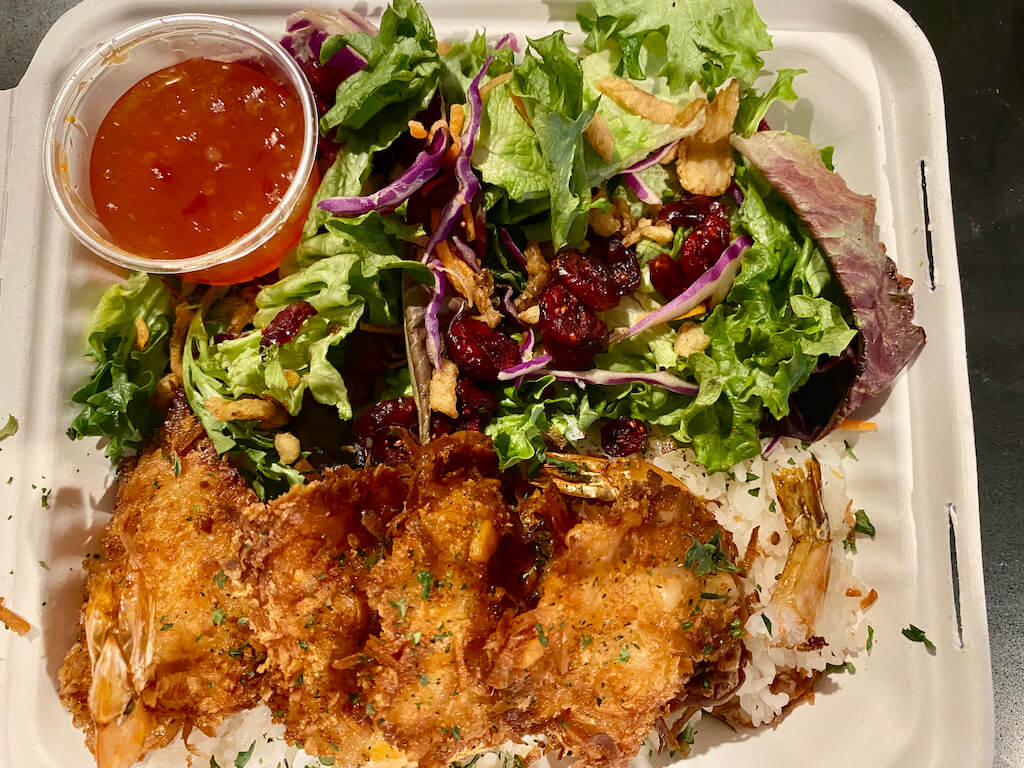 to go box of coconut shrimp and salad