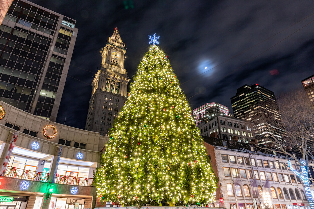 Giant Christmas tree twinkling with white lights in Boston square