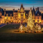 The Biltmore Mansion decked out in white Christmas tree lights