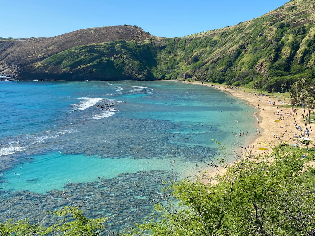 clear turquoise water and beach at Hanauma Bay, Oahu