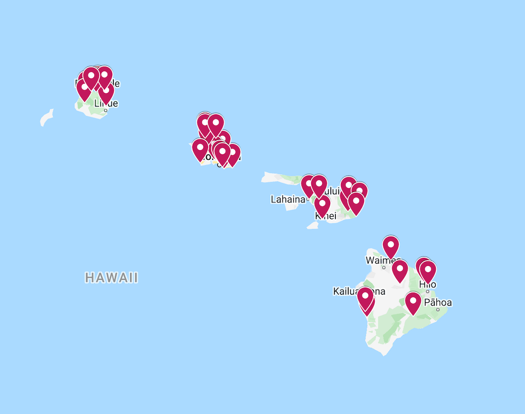 Map of Hawaiian islands with landmarks noted with pins