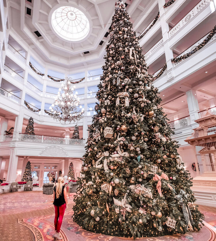 Huge indoor Christmas tree decked in white lights and ornaments