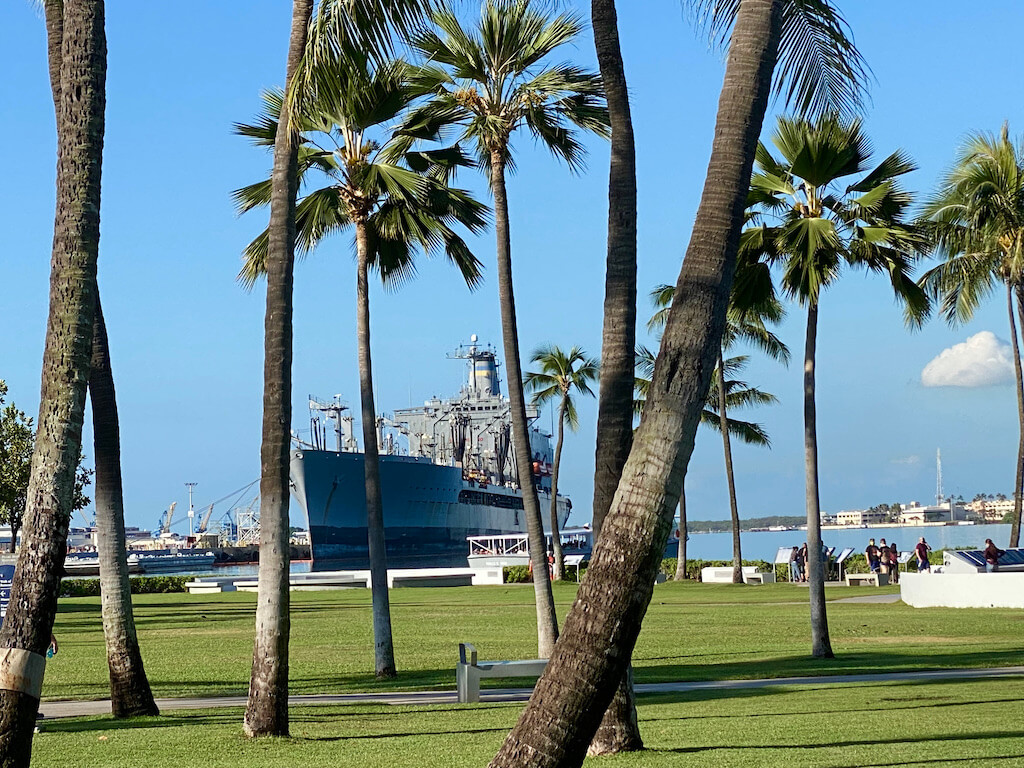 View of a naval ship docked at Pearl Harbor
