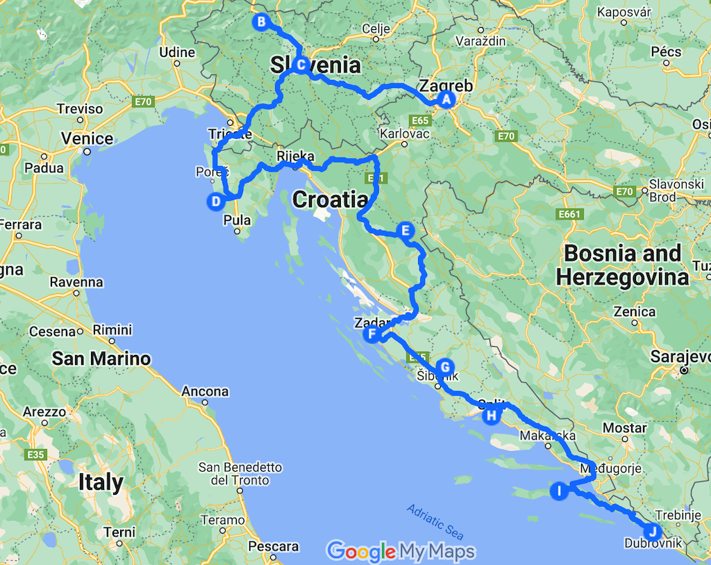 image of Google map with Slovenia and Croatia itinerary driving directions marked