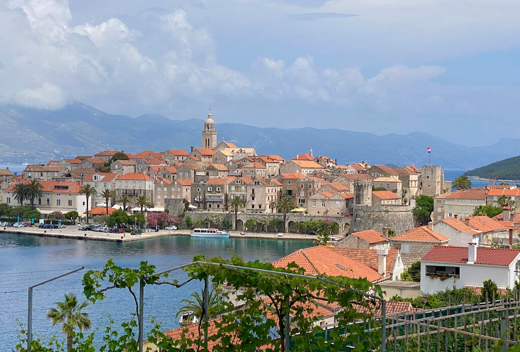 View of stone buildings in Old Town on island of Korcula