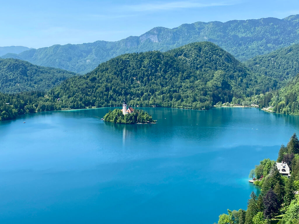 church on an island in the middle of Lake Bled