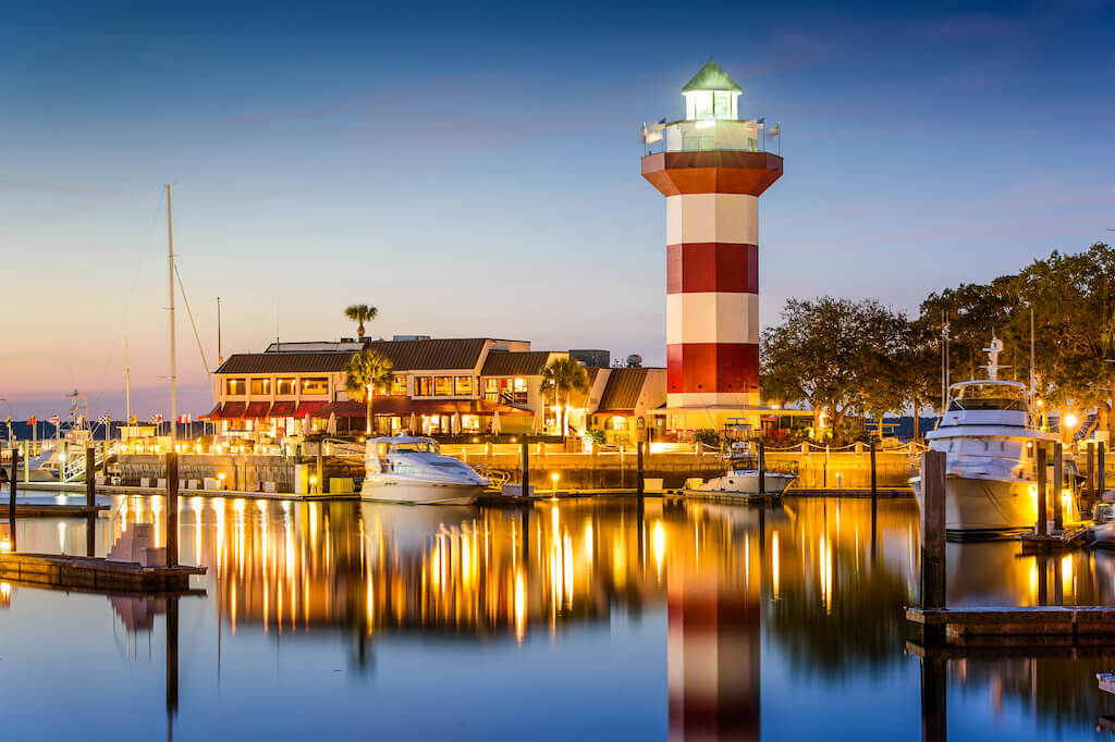 Hilton Head, South Carolina, lighthouse at twilight.