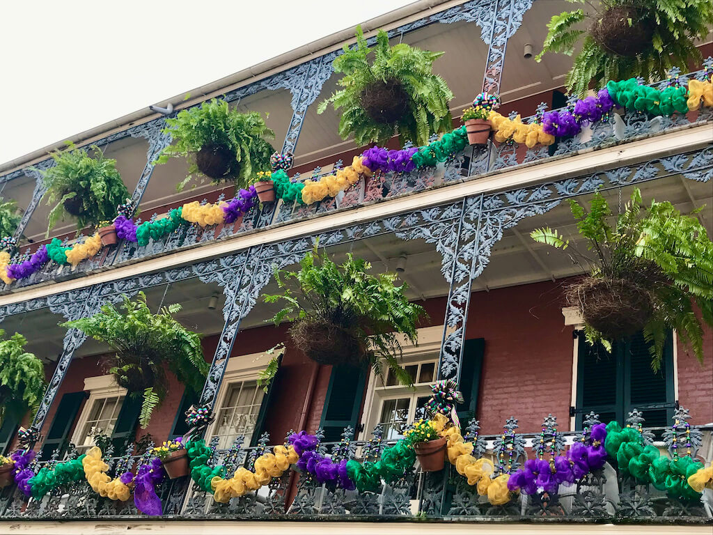 New Orleans building decorated with colorful banners