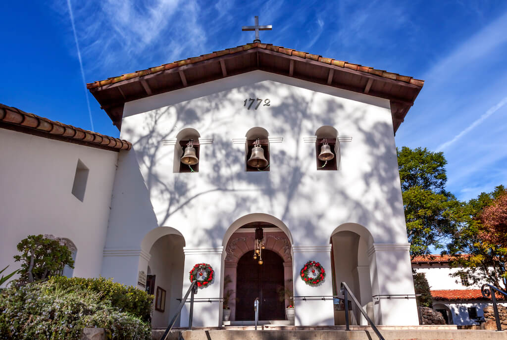 white front and bells of San Luis Obispo mission