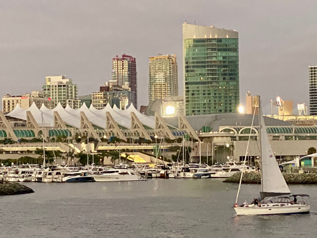 sail boat in San Diego harbor at sunset