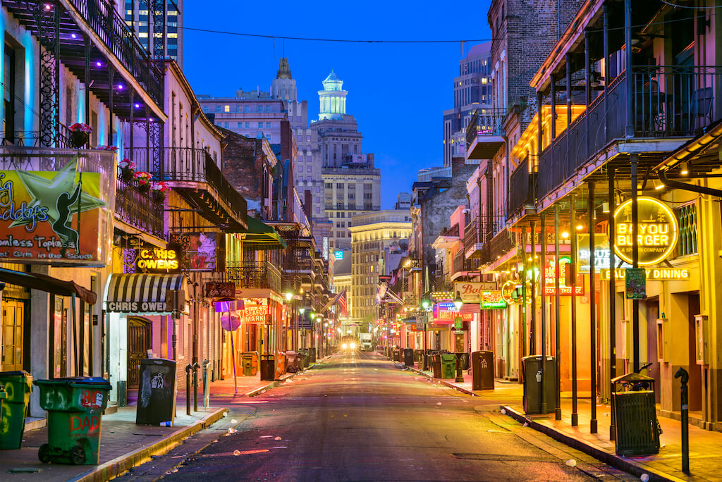 Bourbon Street in the early morning. The renown nightlife destination is in the heart of the French Quarter.