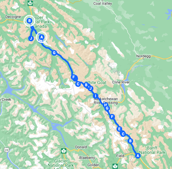 Google map image of best Icefields Parkway stops