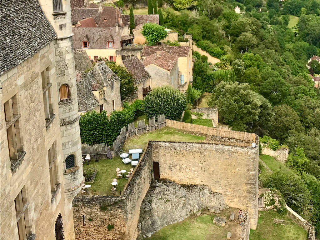 View of landscape and castle walls at Chateau de Beynac in Dordogne