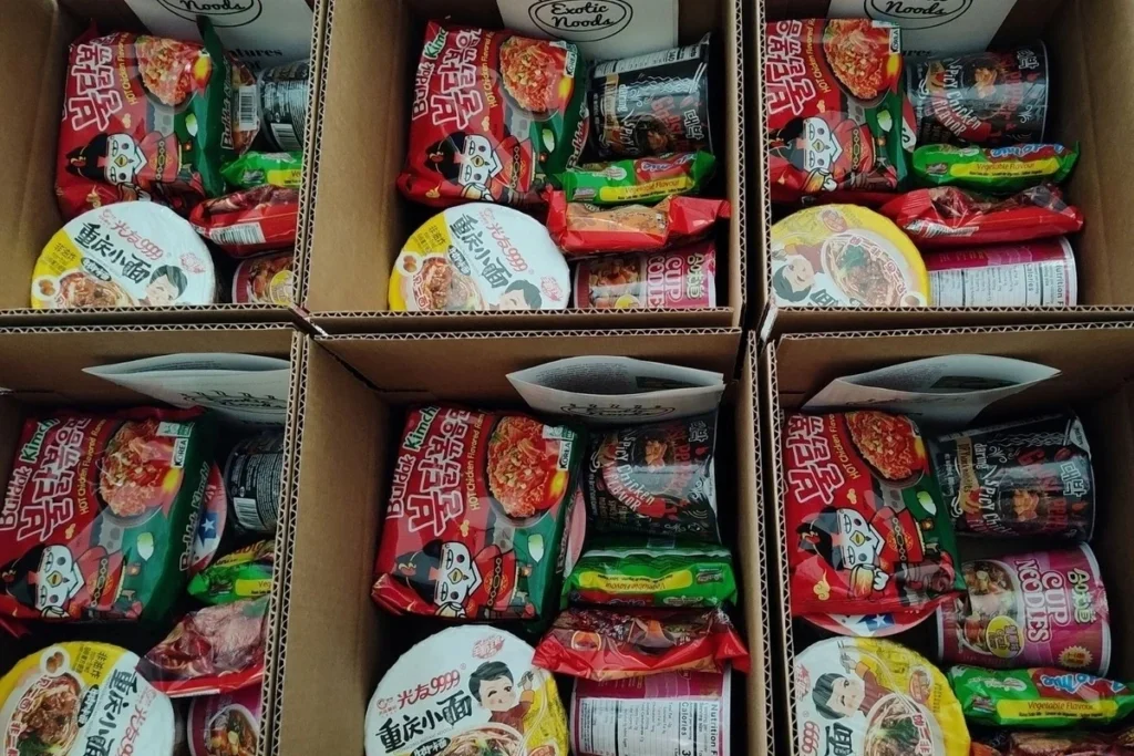 boxes of ramen and Japanese snacks