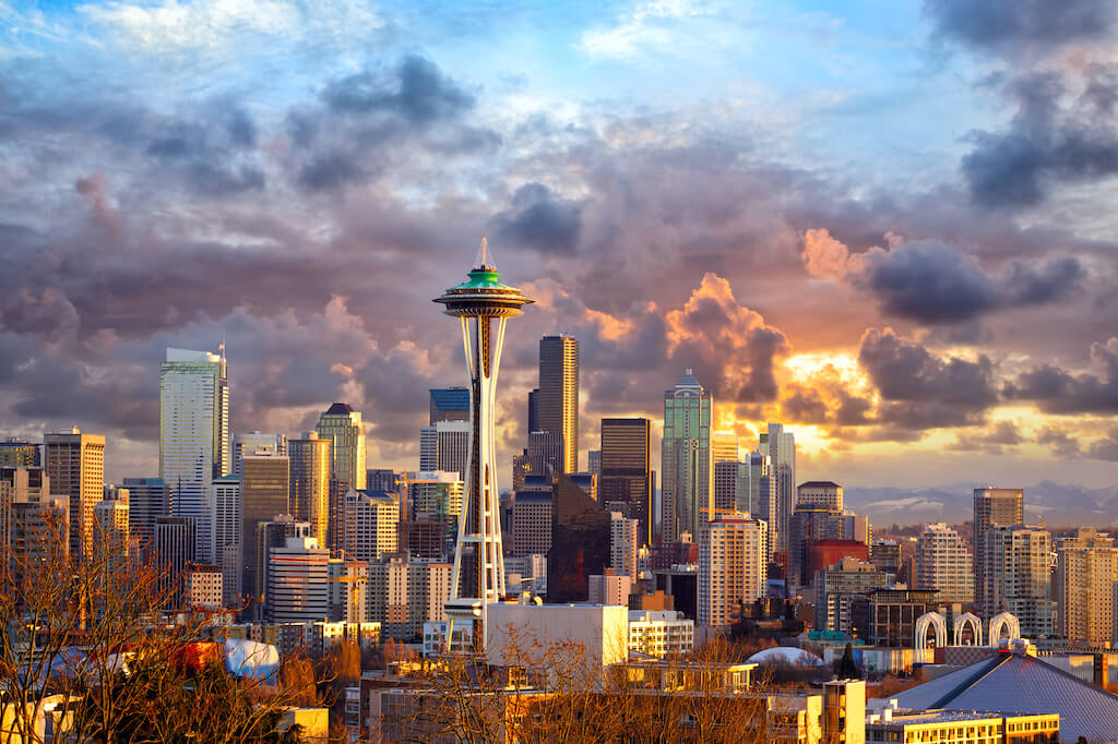 Seattle skyline at sunset with Space Needle