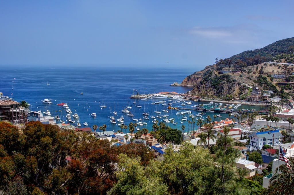 View of yachts in Avalon Harbor, Catalina Island, California