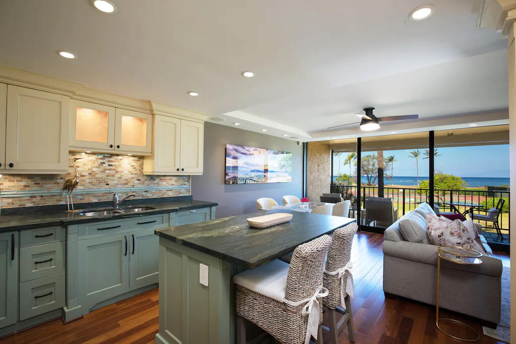 upscale kitchen with ocean view at Luana Kai