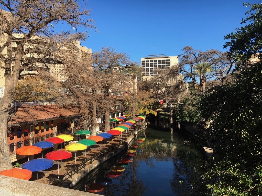 Colorful sun umbrellas along San Antonio Riverwalk