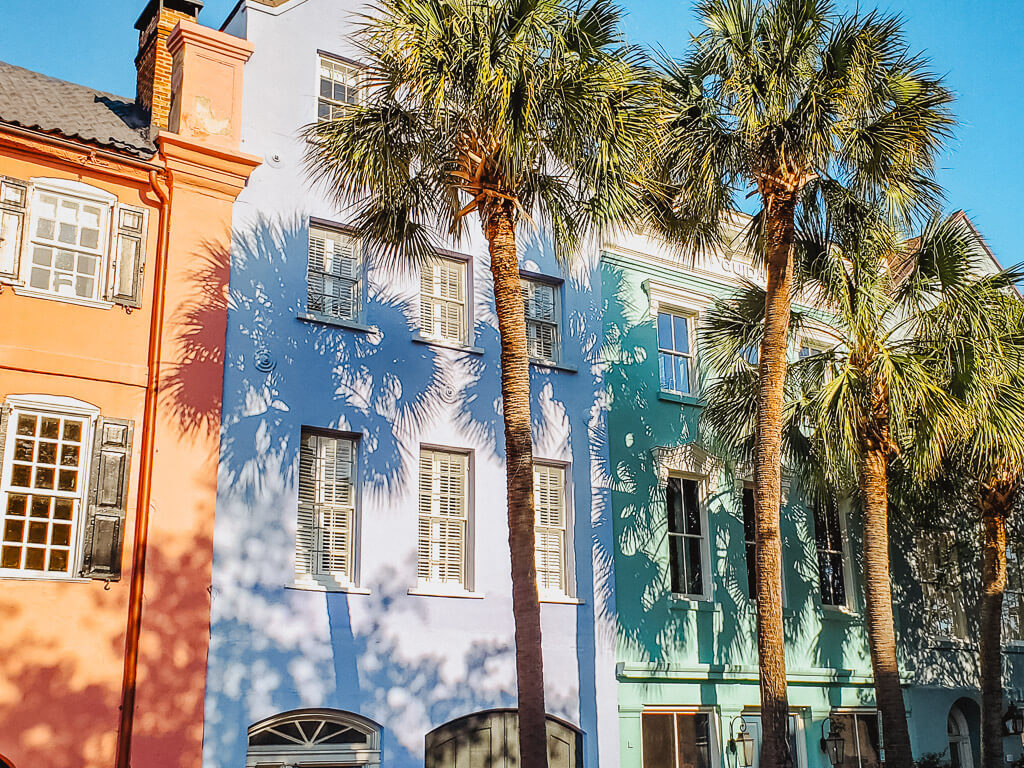 Colorful home fronts along Rainbow Row in Charleston, South Carolina