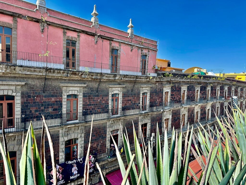 pastel pink building with agave in front