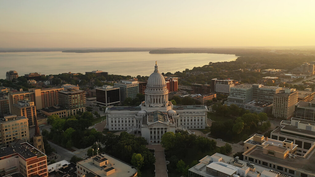 Aerial view of Capitol Building at sunrise, Madison, Wisconsin