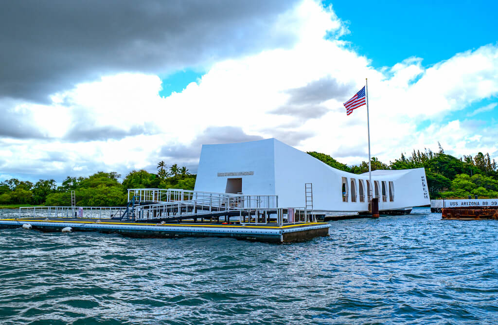 Honolulu: Pearl Harbor, the USS Arizona Memorial seen from the bay